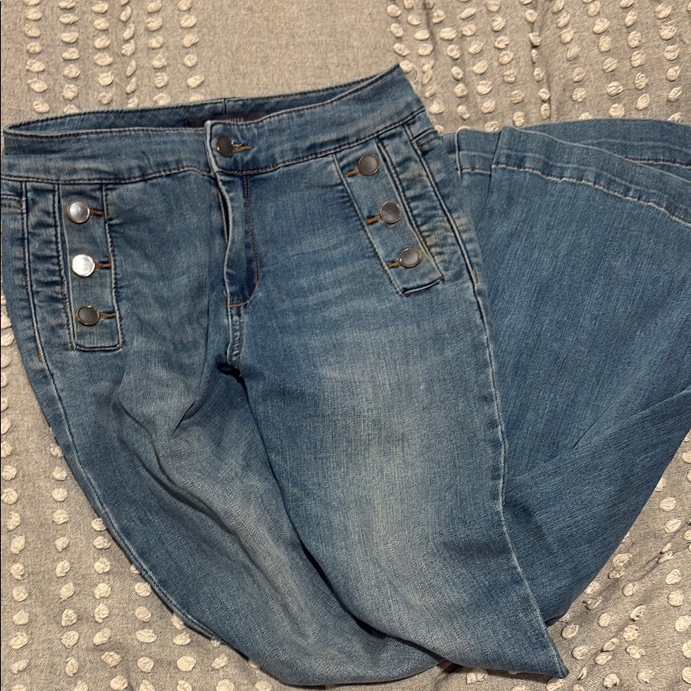 Classic Blue Wide Leg Flare Jeans with Faded Details
